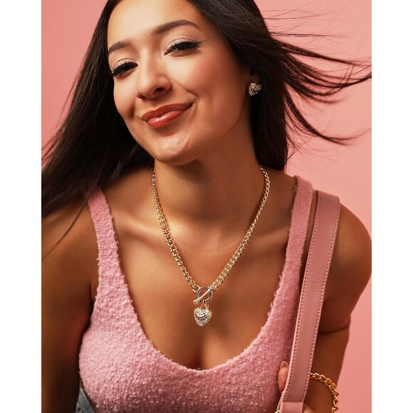 Juicy Gold-Tone Heart Logo Necklace, 16-18+2", Crystal Embellished, Lobster Clas - Picture 2 of 7